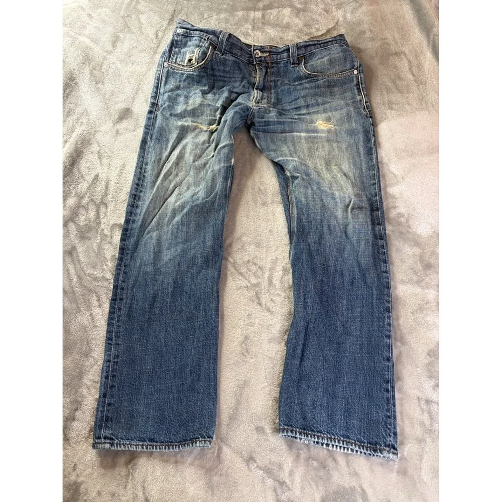Levi's 514 Slim Straight Jeans Mens 36x30 Blue Denim Distressed Red Tab